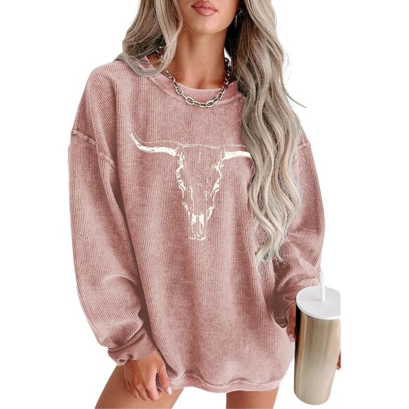 Tops - Women's Pink Cow Skull Rodeo Western Country Nashville Graphic Pullover Tops